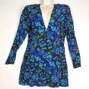 Rampage Womens Floral‎ Blouse Size 7 Vintage USA Long Sleeve Black Blue Purple